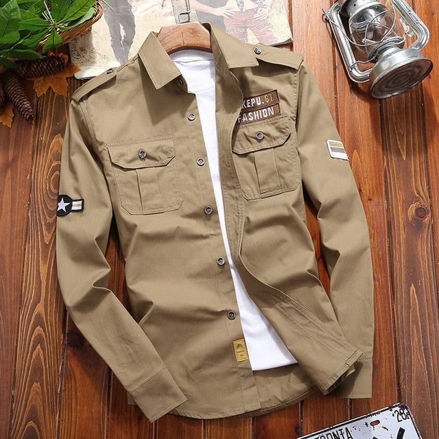 Men's Shirts Cotton Military Shirt Khaki Casual