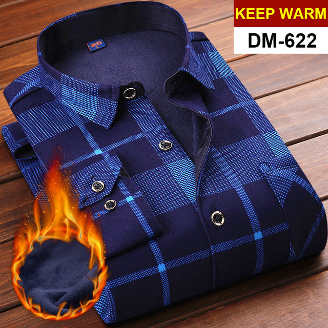 Mens Long Sleeve Plaid Warm Thick Fleece Lined Shirt