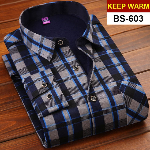 Mens Long Sleeve Plaid Warm Thick Fleece Lined Shirt