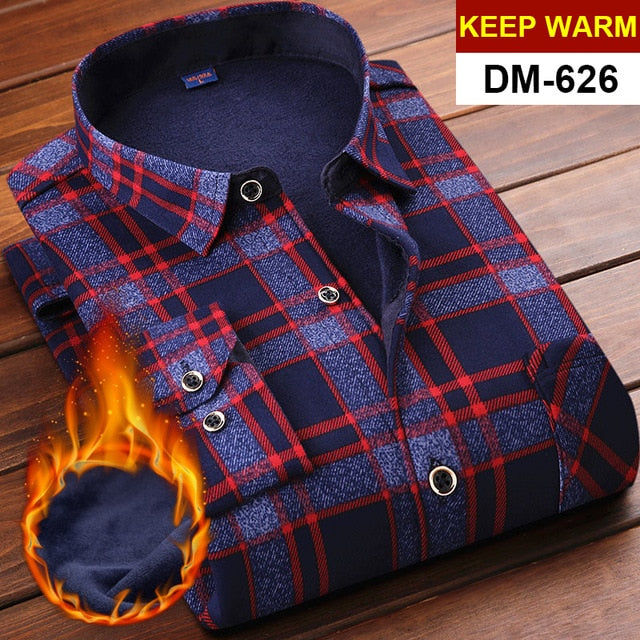 Mens Long Sleeve Plaid Warm Thick Fleece Lined Shirt