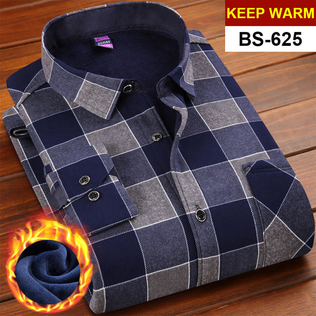 Mens Long Sleeve Plaid Warm Thick Fleece Lined Shirt