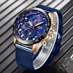 New LIGE Blue Casual Mesh Fashion Quartz Gold Watch